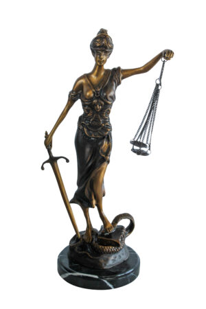 Bronze Lady Justice Statue with Sword Scales and Marble Base   9" x 6" x 16"H