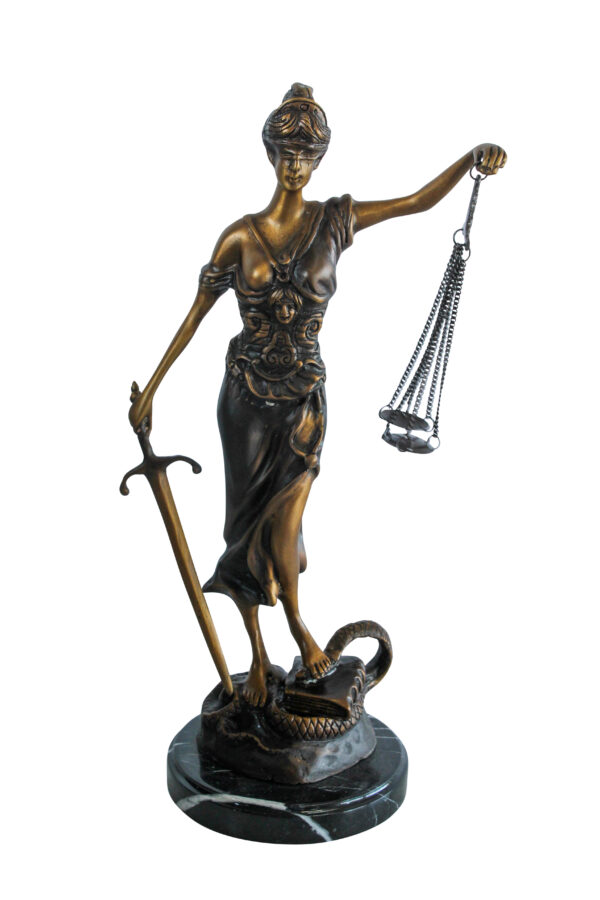 Bronze Lady Justice Statue with Sword Scales and Marble Base   9" x 6" x 16"H