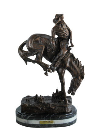 Outlaw Bronze Cowboy on Horse Statue, a Remington Replica 15" x 8" x 25"H