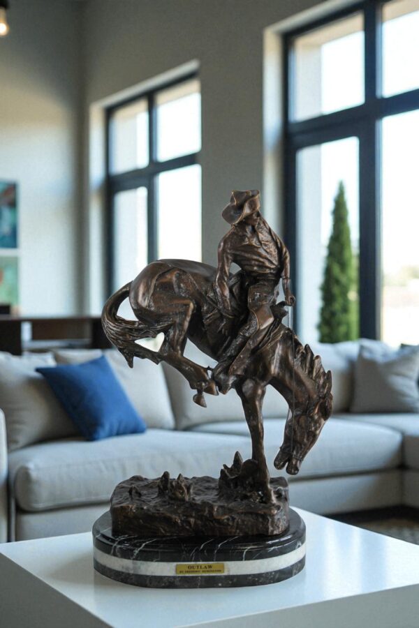Outlaw Bronze Cowboy on Horse Statue, a Remington Replica 15" x 8" x 25"H - Image 11