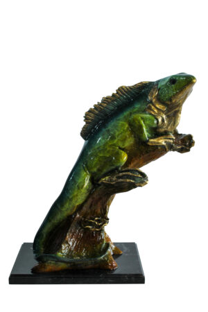 Bronze Iguana Statue on Tree Trunk Mounted on a Marble Base   20" x 7" x 22"H