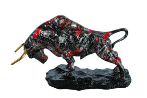 Modern Red Black Resin Bull Statue with Abstract Street Art   14" x 4" x 9"H