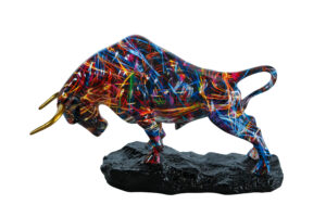 Colorful Resin Bull Statue with Streak Pattern and Gold Horns   14" x 4" x 9"H