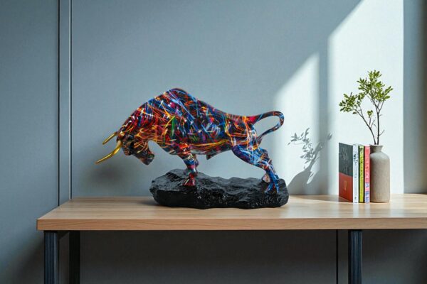 Colorful Resin Bull Statue with Streak Pattern and Gold Horns   14" x 4" x 9"H - Image 11