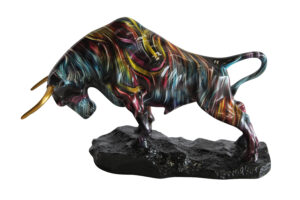Resin Bull Statue with Swirling Multicolor Lines and Gold Horns   14" x 4" x 9"H