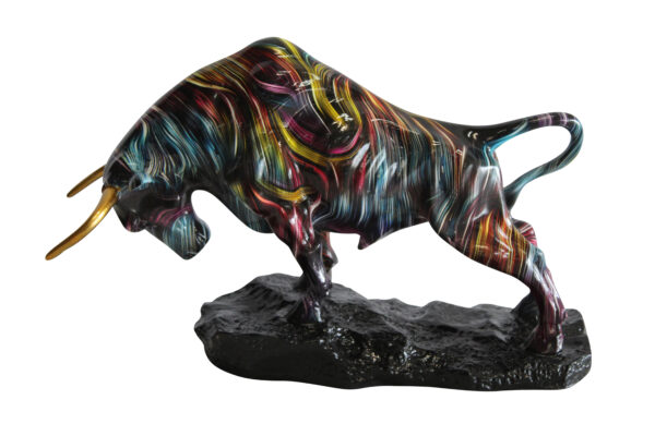 Resin Bull Statue with Swirling Multicolor Lines and Gold Horns   14" x 4" x 9"H
