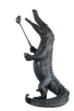 Bronze Alligator having Fun Statue Holding Golf Club 19" x 23" x 36"H