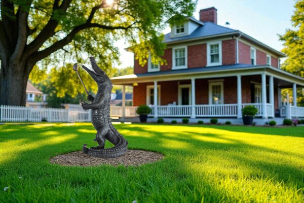 Bronze Alligator having Fun Statue Holding Golf Club 19" x 23" x 36"H - Image 11