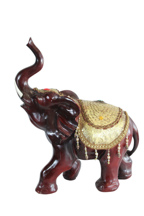 Resin Elephant Statue with Gold Saddle and Raised Trunk 19" x 10" x 22"H