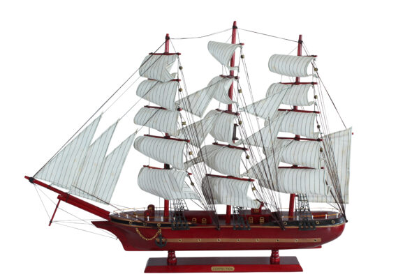 Red Wooden Sailboat Model with Cloth Sails and Details 33" x 6" x 24"H