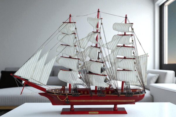 Red Wooden Sailboat Model with Cloth Sails and Details 33" x 6" x 24"H - Image 10