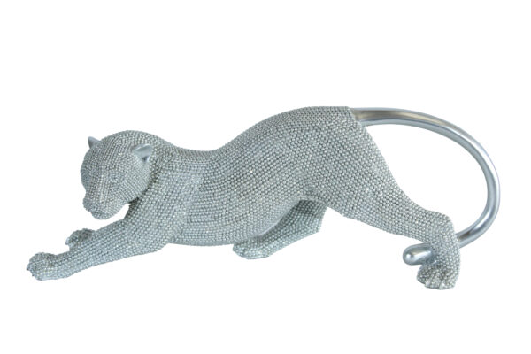 Silver Stretching Panther Resin Statue with Beaded Texture 15" x 4" x 6"H