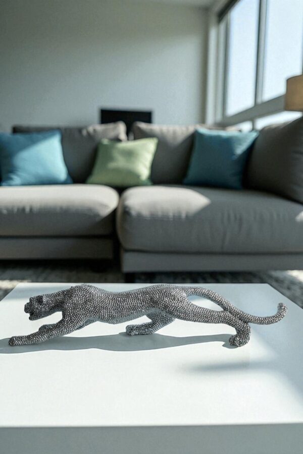 Silver Stretching Panther Resin Statue with Beaded Texture 15" x 4" x 6"H - Image 11