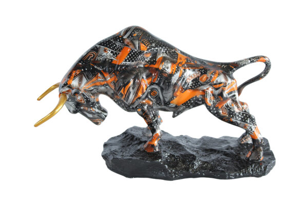 Abstract Resin Bull Statue in Orange and Black Urban Design 14" x 4" x 9"H