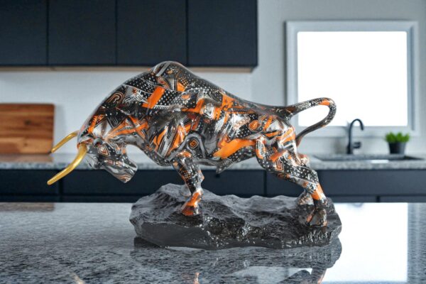 Abstract Resin Bull Statue in Orange and Black Urban Design 14" x 4" x 9"H - Image 11