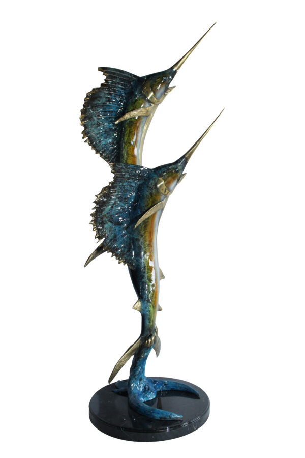 Twin Sailfish Bronze Statue with Colorful Enamel Finish 17" x 17" x 56"H