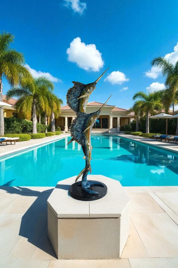 Twin Sailfish Bronze Statue with Colorful Enamel Finish 17" x 17" x 56"H - Image 2