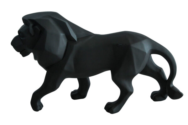 Black Resin Geometric Lion Sculpture in Modern Walking Pose   17" x 5" x 9"H