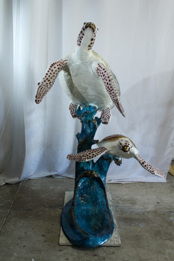 Two Giant Sea Turtle Fountain Bronze Statue Over Coral Base 52" x 40" x 68"H - Image 6