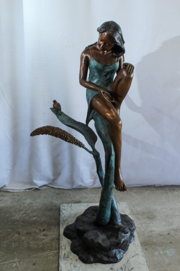 Beautiful Girl Bronze Statue on a Vine With Bird and Pinecone 26" x 24" x 53"H - Image 11
