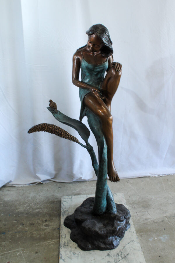 Beautiful Girl Bronze Statue on a Vine With Bird and Pinecone 26" x 24" x 53"H - Image 12