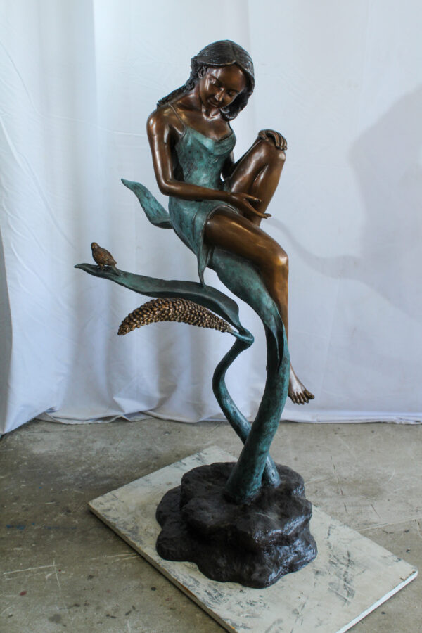 Beautiful Girl Bronze Statue on a Vine With Bird and Pinecone 26" x 24" x 53"H - Image 2