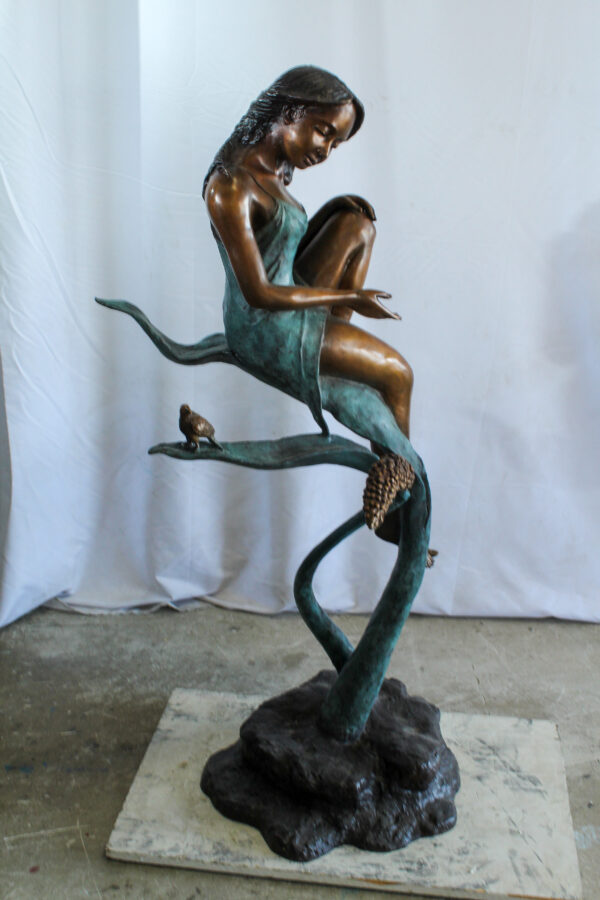 Beautiful Girl Bronze Statue on a Vine With Bird and Pinecone 26" x 24" x 53"H - Image 3