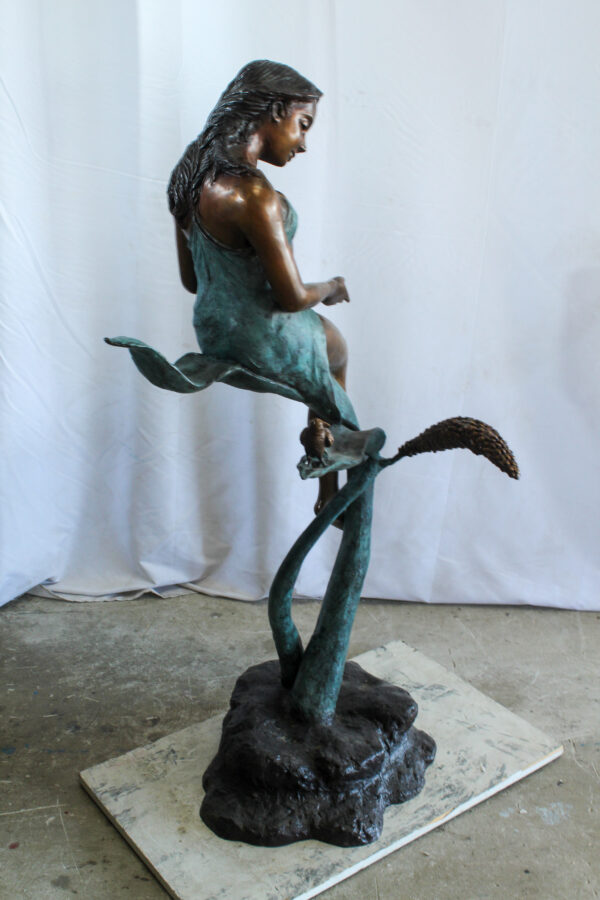 Beautiful Girl Bronze Statue on a Vine With Bird and Pinecone 26" x 24" x 53"H - Image 4