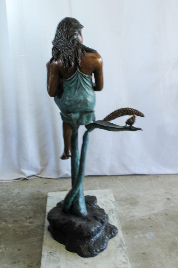 Beautiful Girl Bronze Statue on a Vine With Bird and Pinecone 26" x 24" x 53"H - Image 5