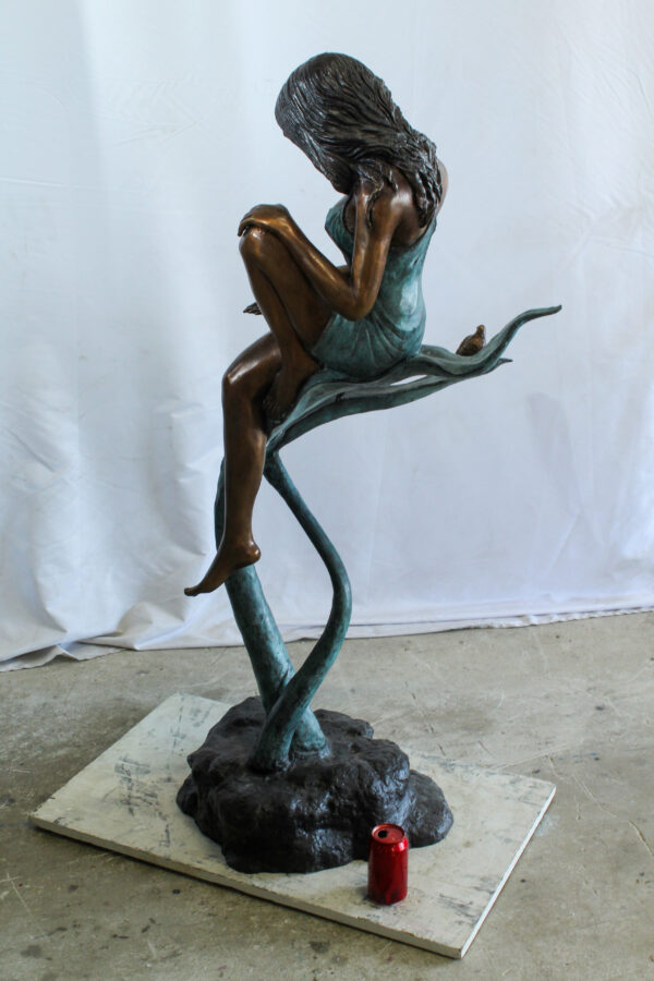 Beautiful Girl Bronze Statue on a Vine With Bird and Pinecone 26" x 24" x 53"H - Image 6