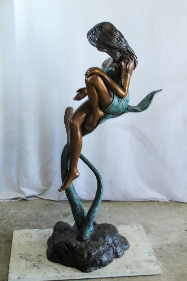 Beautiful Girl Bronze Statue on a Vine With Bird and Pinecone 26" x 24" x 53"H - Image 7