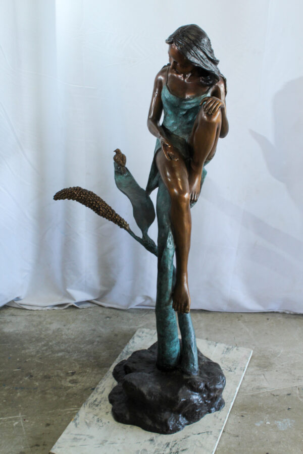 Beautiful Girl Bronze Statue on a Vine With Bird and Pinecone 26" x 24" x 53"H - Image 8