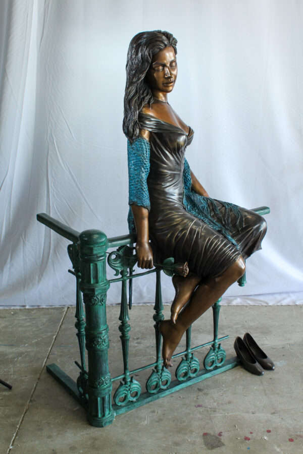Bronze Statue of a Woman Sitting on Railing Holding a Rose 35" x 55" x 67"H - Image 11