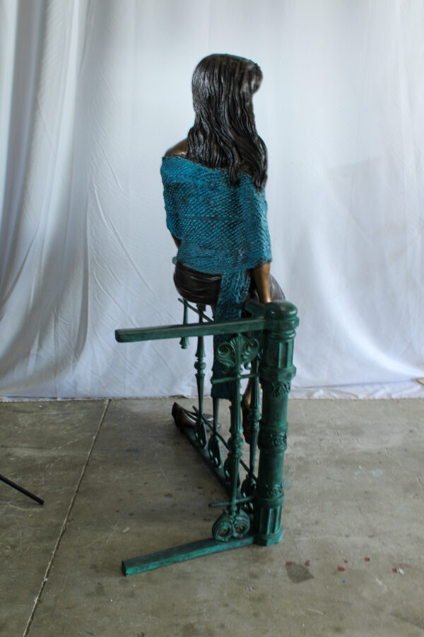 Bronze Statue of a Woman Sitting on Railing Holding a Rose 35" x 55" x 67"H - Image 13