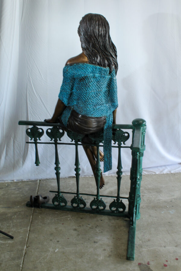 Bronze Statue of a Woman Sitting on Railing Holding a Rose 35" x 55" x 67"H - Image 2