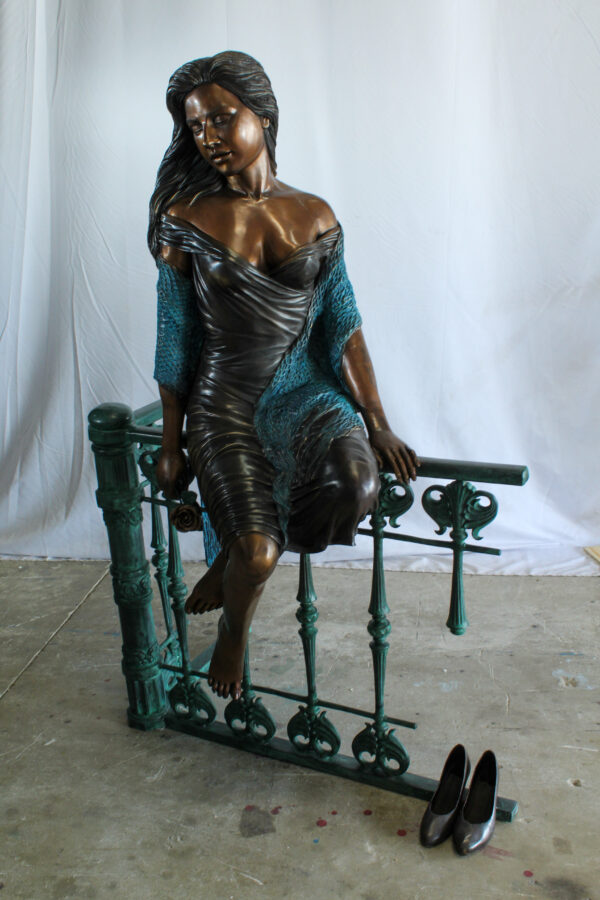 Bronze Statue of a Woman Sitting on Railing Holding a Rose 35" x 55" x 67"H - Image 6
