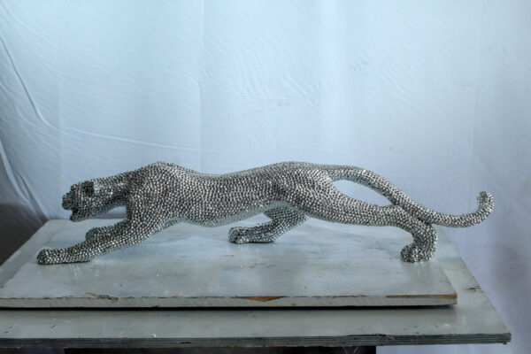 Silver Resin Bead Panther Sculpture in Dynamic Crouch Pose Art   36" x 7" x 8"H - Image 9