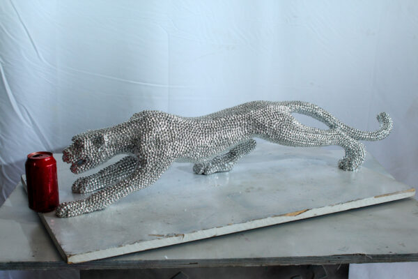 Silver Resin Bead Panther Sculpture in Dynamic Crouch Pose Art   36" x 7" x 8"H - Image 10