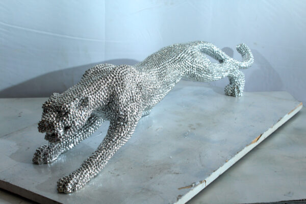 Silver Resin Bead Panther Sculpture in Dynamic Crouch Pose Art   36" x 7" x 8"H - Image 11