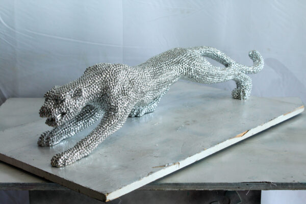 Silver Resin Bead Panther Sculpture in Dynamic Crouch Pose Art   36" x 7" x 8"H - Image 12