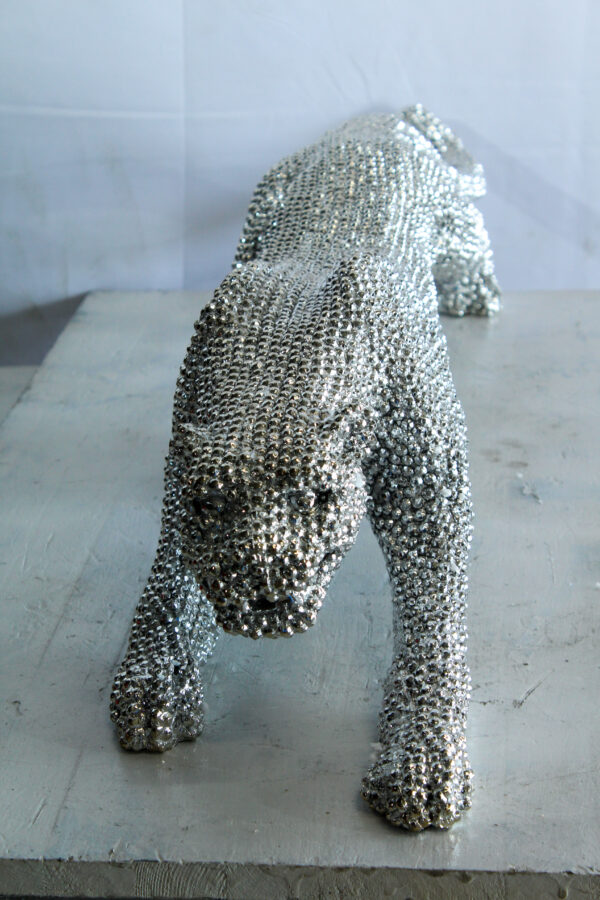 Silver Resin Bead Panther Sculpture in Dynamic Crouch Pose Art   36" x 7" x 8"H - Image 13