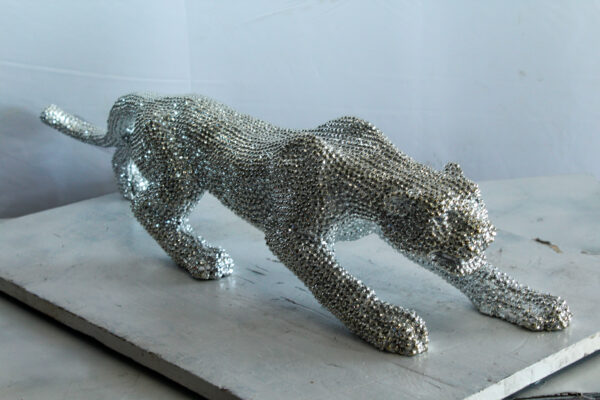 Silver Resin Bead Panther Sculpture in Dynamic Crouch Pose Art   36" x 7" x 8"H - Image 2