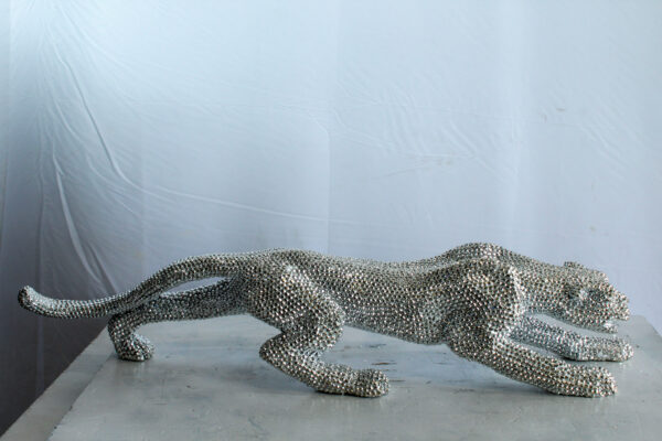 Silver Resin Bead Panther Sculpture in Dynamic Crouch Pose Art   36" x 7" x 8"H - Image 4
