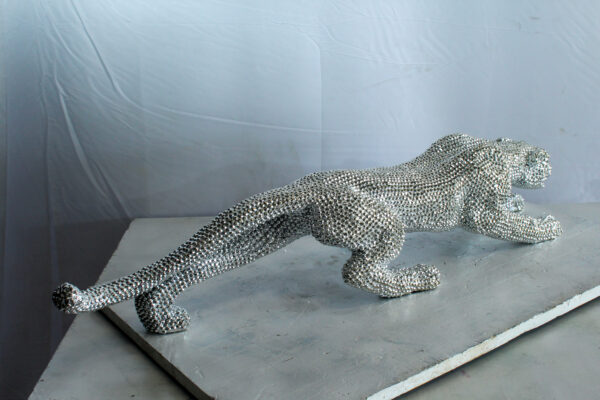 Silver Resin Bead Panther Sculpture in Dynamic Crouch Pose Art   36" x 7" x 8"H - Image 5