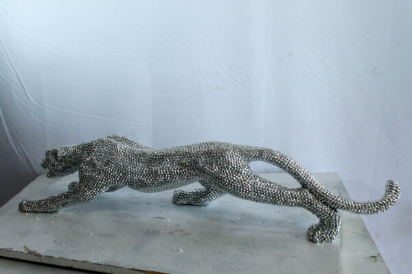 Silver Resin Bead Panther Sculpture in Dynamic Crouch Pose Art   36" x 7" x 8"H - Image 6