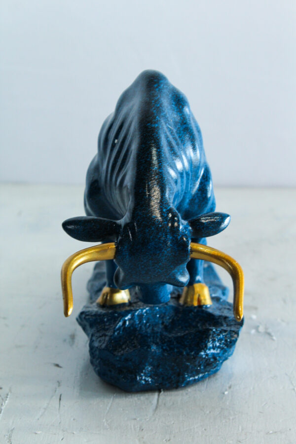 Blue Resin Bull Statue with Gold Horns and Hooves on Base   14" x 4" x 9"H - Image 2