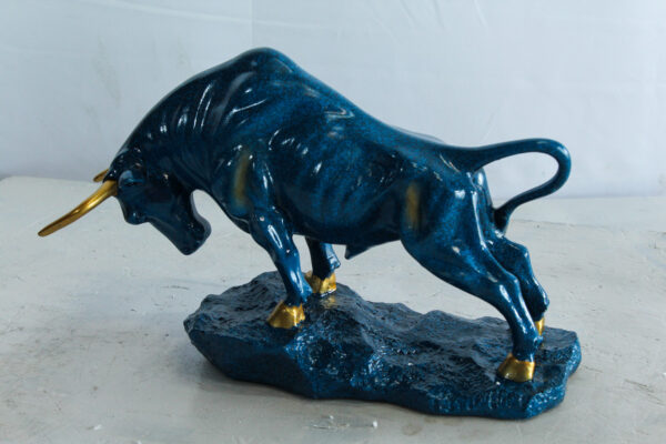 Blue Resin Bull Statue with Gold Horns and Hooves on Base   14" x 4" x 9"H - Image 9
