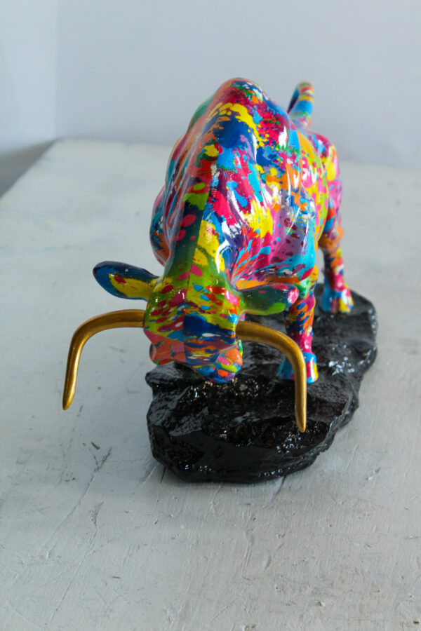 Colorful Resin Bull Statue with Splatter Art and Gold Horns   14" x 4" x 9"H - Image 11