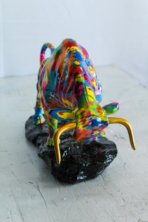 Colorful Resin Bull Statue with Splatter Art and Gold Horns   14" x 4" x 9"H - Image 12