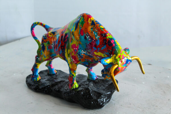Colorful Resin Bull Statue with Splatter Art and Gold Horns   14" x 4" x 9"H - Image 13